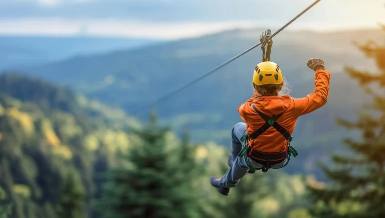 Man in orange shirt rides Wildside's MegaZip, the longest zipline in North America